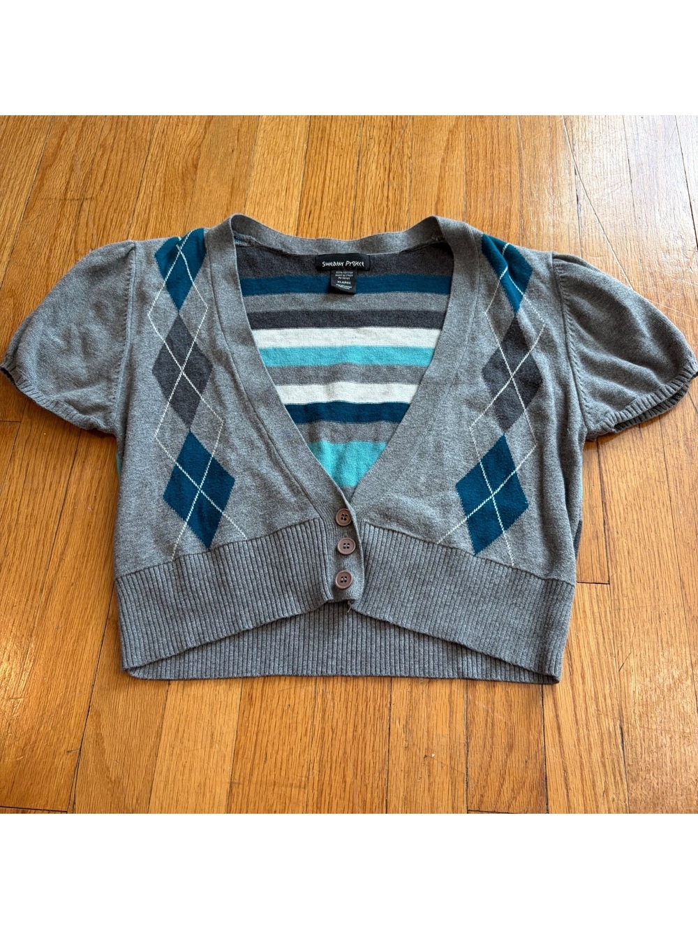 Vintage Y2K argyle light blue and teal cropped button whimsical short sleeve
